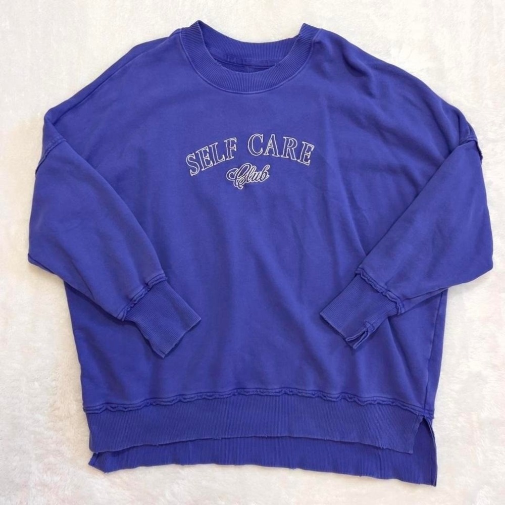 Aerie Blue Crewneck Sweatshirt Oversized "Self Care Club" Women S‎ Lounge Preppy
